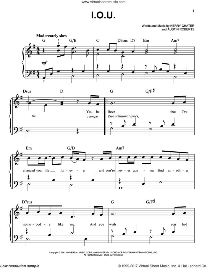 I.O.U. sheet music for piano solo by Lee Greenwood, Austin Roberts and Kerry Chater, easy skill level