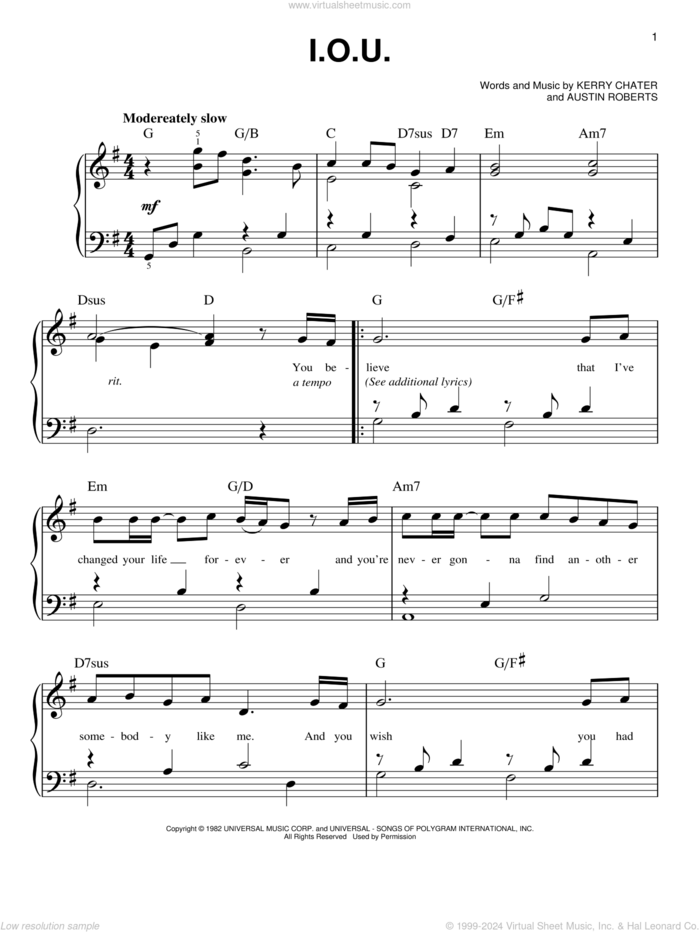 I.O.U. sheet music for piano solo by Lee Greenwood, Austin Roberts and Kerry Chater, easy skill level