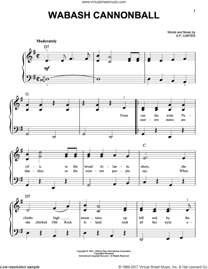 Wabash Cannonball sheet music for piano solo by The Carter Family and A.P. Carter, easy skill level