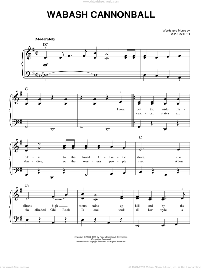 Wabash Cannonball sheet music for piano solo by The Carter Family and A.P. Carter, easy skill level