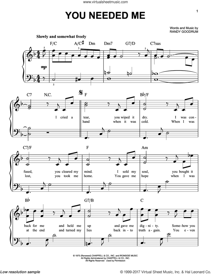 You Needed Me sheet music for piano solo by Anne Murray and Randy Goodrum, easy skill level