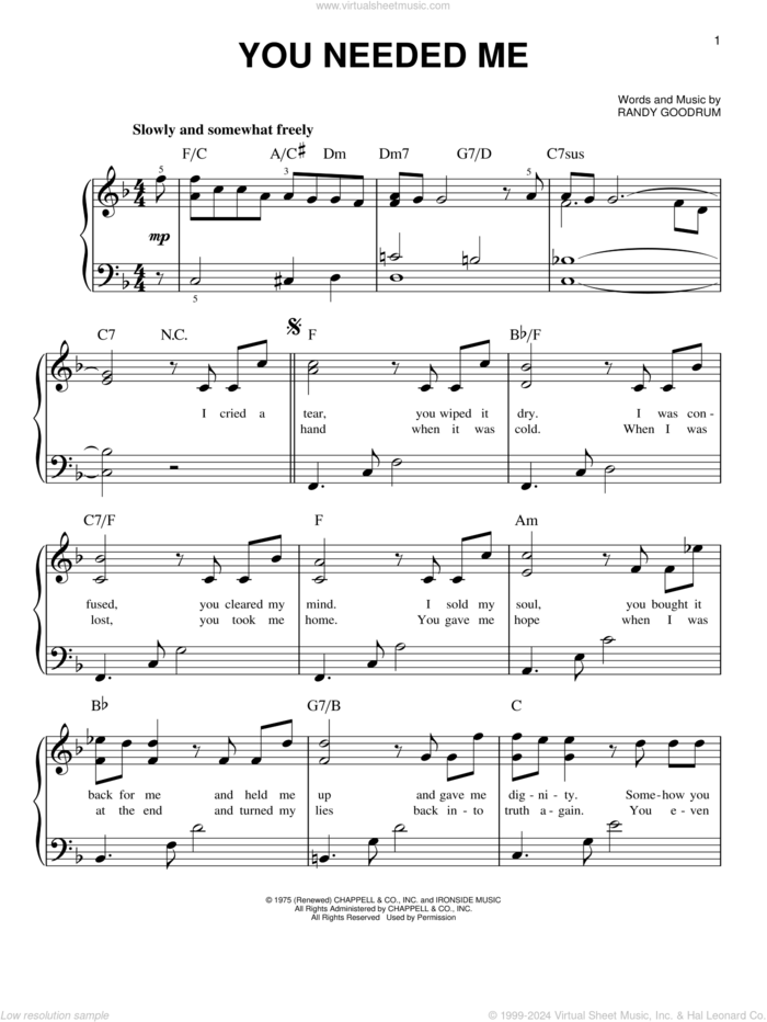 You Needed Me sheet music for piano solo by Anne Murray and Randy Goodrum, easy skill level