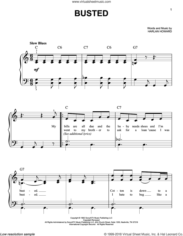 Busted sheet music for piano solo by Johnny Cash, John Conlee, Ray Charles and Harlan Howard, easy skill level