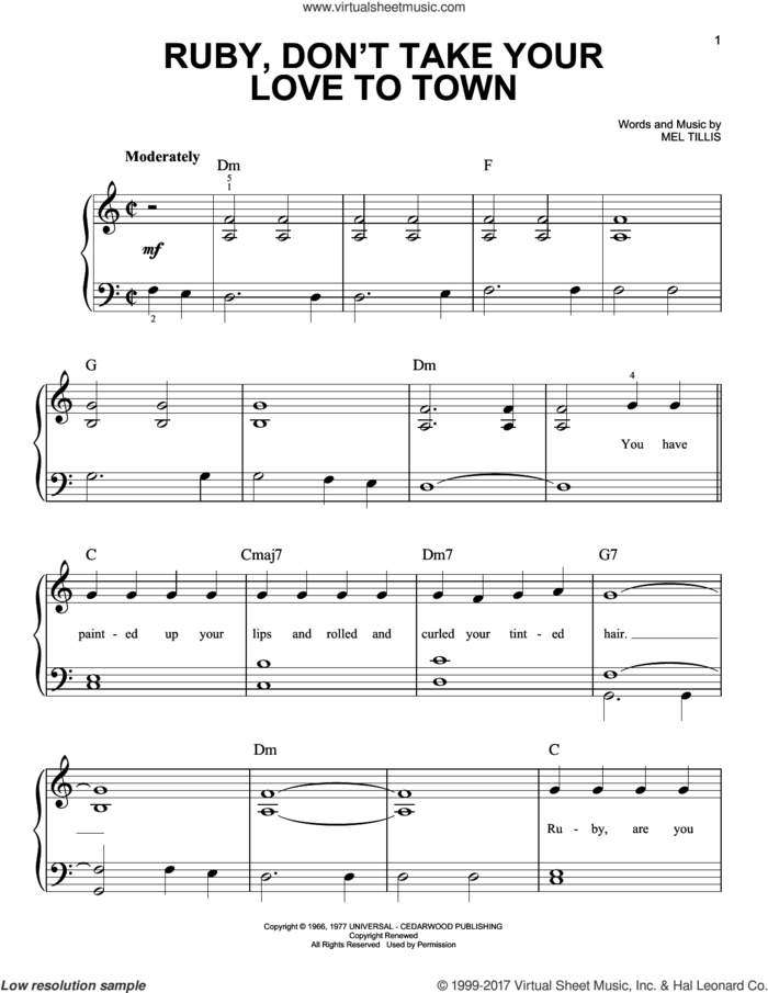 Ruby, Don't Take Your Love To Town sheet music for piano solo by Kenny Rogers and Mel Tillis, easy skill level