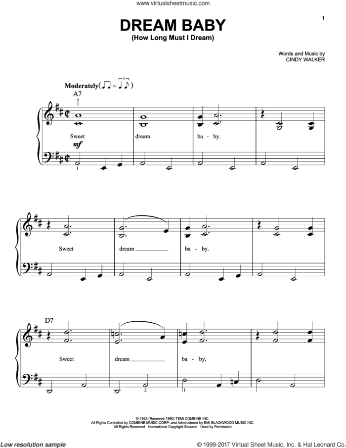 Dream Baby (How Long Must I Dream) sheet music for piano solo by Roy Orbison and Cindy Walker, easy skill level