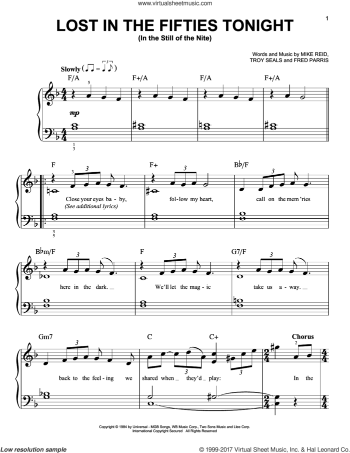 Lost In The Fifties Tonight (In The Still Of The Nite) sheet music for piano solo by Ronnie Milsap, Fred Parrish, Mike Reid and Troy Seals, easy skill level