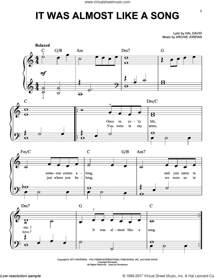 It Was Almost Like A Song sheet music for piano solo by Ronnie Milsap, Archie Jordan and Hal David, easy skill level