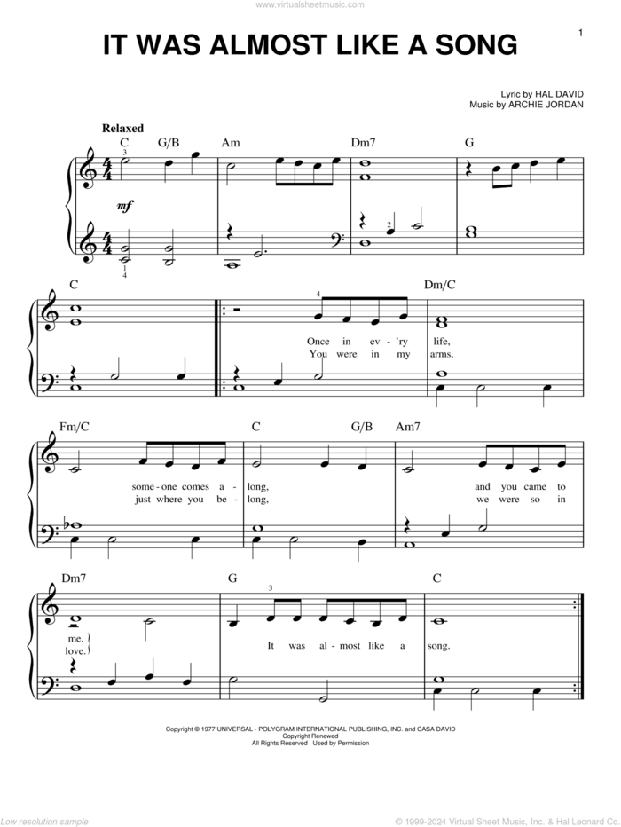 It Was Almost Like A Song sheet music for piano solo by Ronnie Milsap, Archie Jordan and Hal David, easy skill level