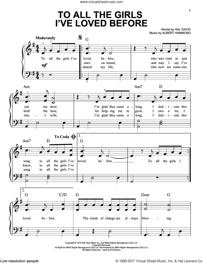 To All The Girls I've Loved Before sheet music for piano solo by Julio Iglesias & Willie Nelson, Albert Hammond and Hal David, easy skill level