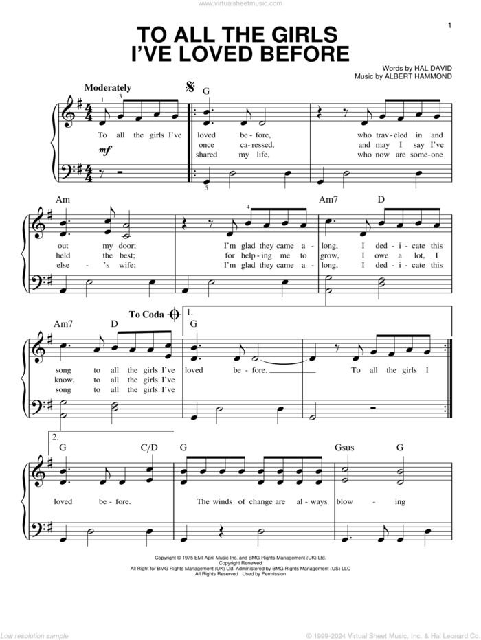 To All The Girls I've Loved Before sheet music for piano solo by Julio Iglesias & Willie Nelson, Albert Hammond and Hal David, easy skill level