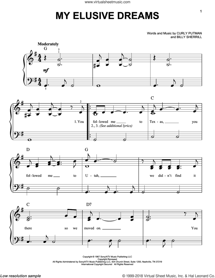 My Elusive Dreams sheet music for piano solo by Charlie Rich, Billy Sherrill and Curly Putman, easy skill level