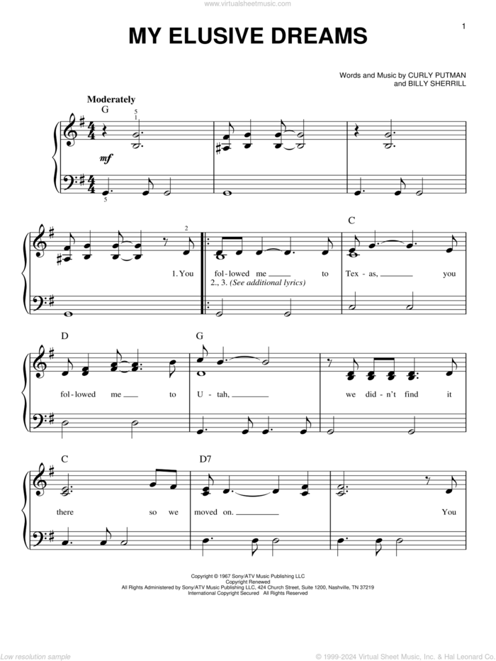 My Elusive Dreams sheet music for piano solo by Charlie Rich, Billy Sherrill and Curly Putman, easy skill level