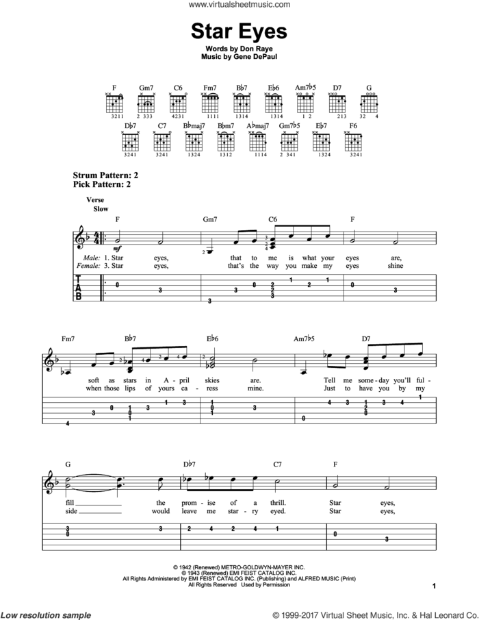 Star Eyes sheet music for guitar solo (easy tablature) by Charlie Parker, Don Raye and Gene DePaul, easy guitar (easy tablature)