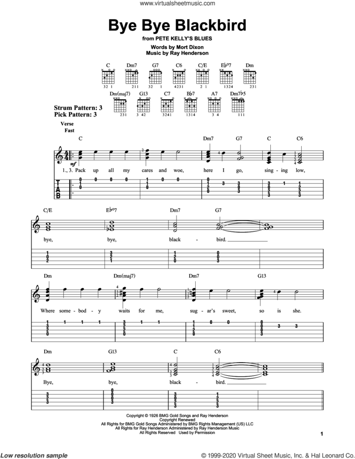 Bye Bye Blackbird sheet music for guitar solo (easy tablature) by Ray Henderson and Mort Dixon, easy guitar (easy tablature)