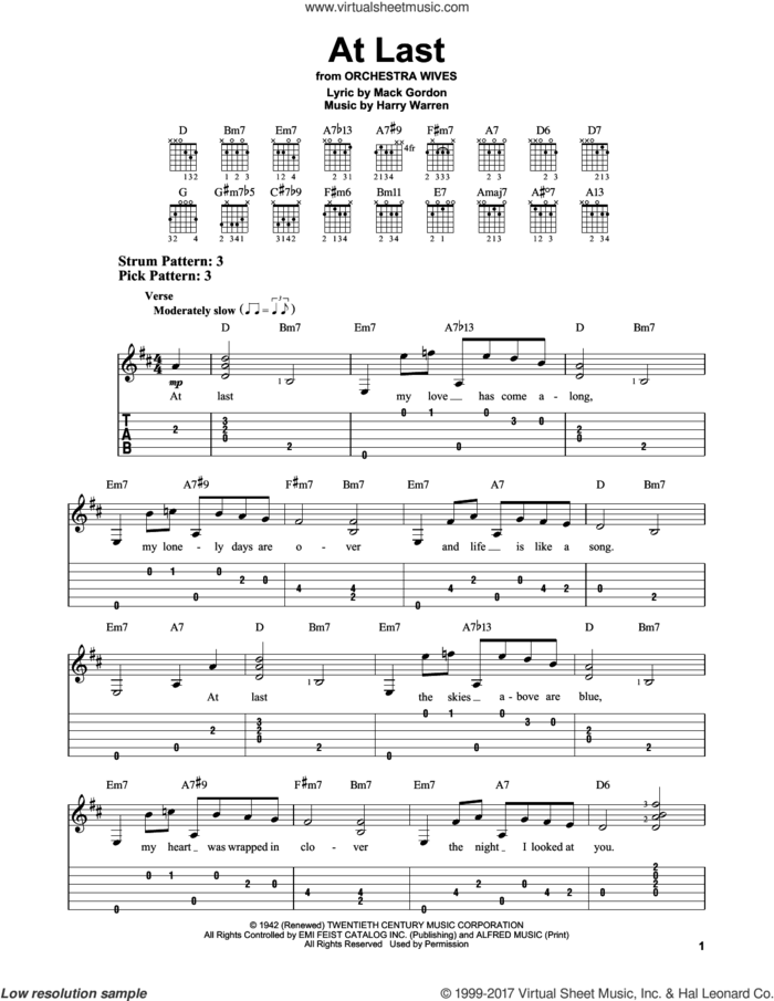 At Last sheet music for guitar solo (easy tablature) by Etta James, Celine Dion, Harry Warren and Mack Gordon, easy guitar (easy tablature)
