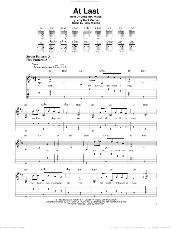 At Last sheet music for guitar solo (easy tablature) by Etta James, Celine Dion, Harry Warren and Mack Gordon, wedding score, easy guitar (easy tablature)