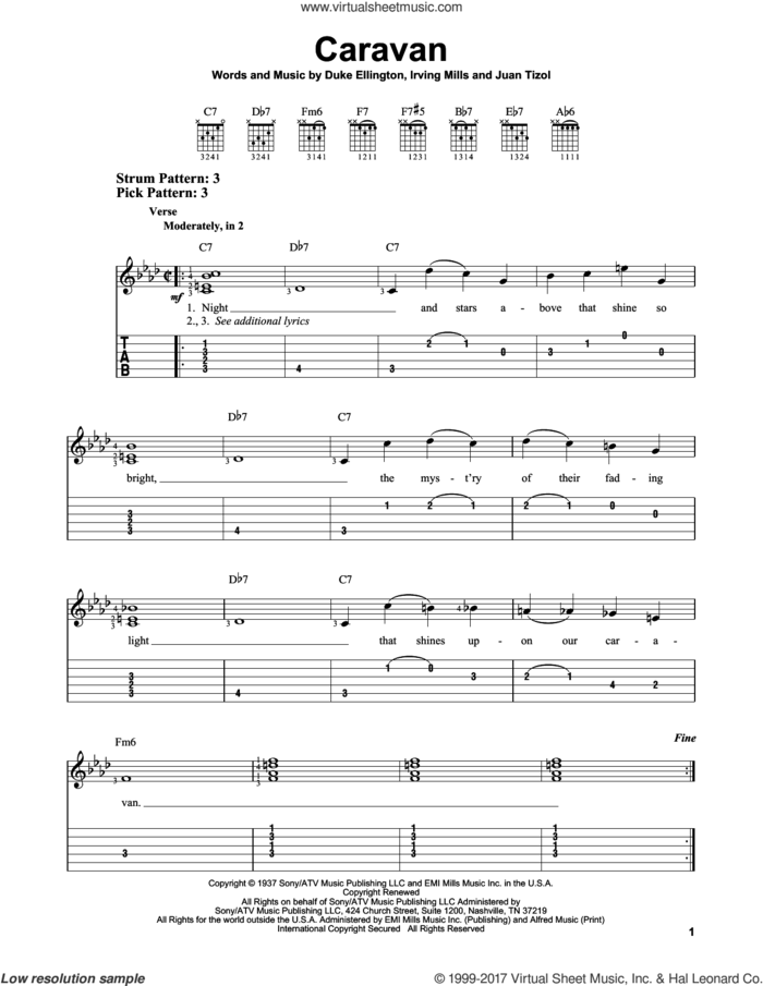 Caravan sheet music for guitar solo (easy tablature) by Duke Ellington and his Orchestra, Billy Eckstine, Ralph Marterie, Duke Ellington, Irving Mills and Juan Tizol, easy guitar (easy tablature)