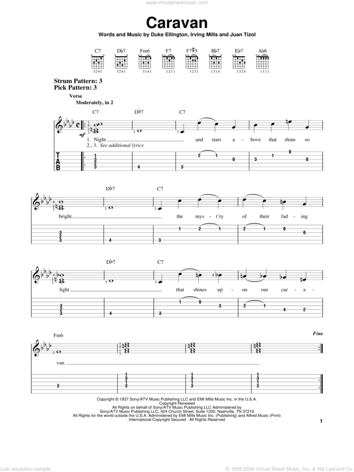 Caravan sheet music for guitar solo (easy tablature) by Duke Ellington and his Orchestra, Billy Eckstine, Ralph Marterie, Duke Ellington, Irving Mills and Juan Tizol, easy guitar (easy tablature)