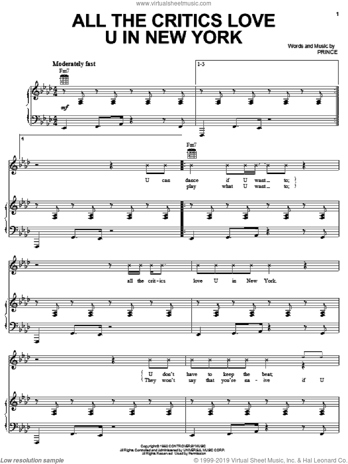 All The Critics Love U In New York sheet music for voice, piano or guitar by Prince, intermediate skill level