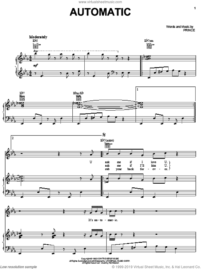 Automatic sheet music for voice, piano or guitar by Prince, intermediate skill level