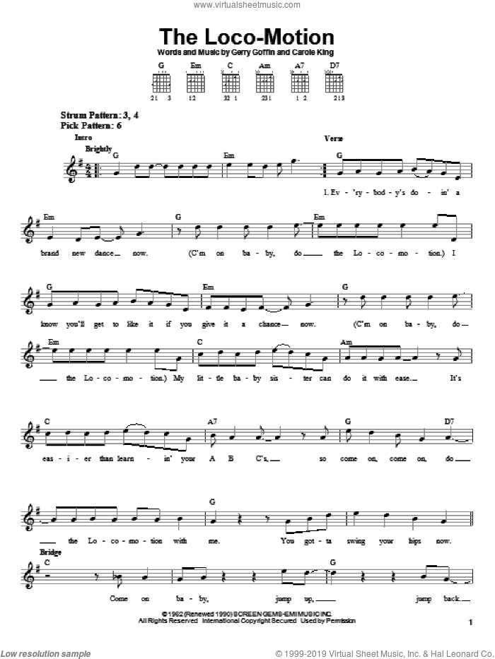 The Loco-Motion sheet music for guitar solo (chords) by Grand Funk, Kylie Minogue, Little Eva, Carole King and Gerry Goffin, easy guitar (chords)