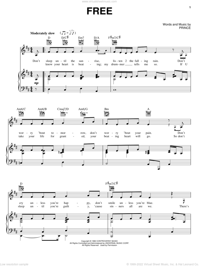 Free sheet music for voice, piano or guitar by Prince, intermediate skill level
