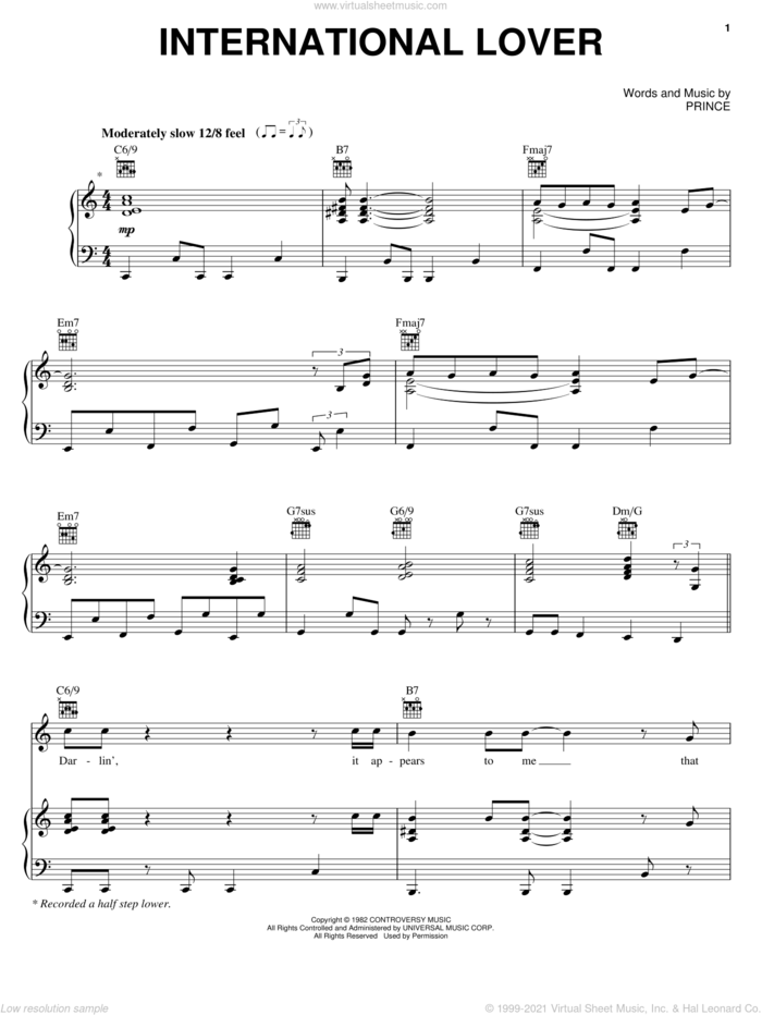 International Lover sheet music for voice, piano or guitar by Prince, intermediate skill level