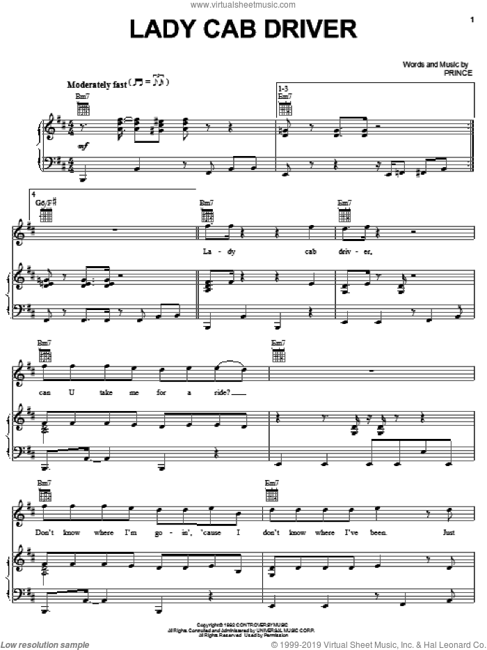 Lady Cab Driver sheet music for voice, piano or guitar by Prince, intermediate skill level