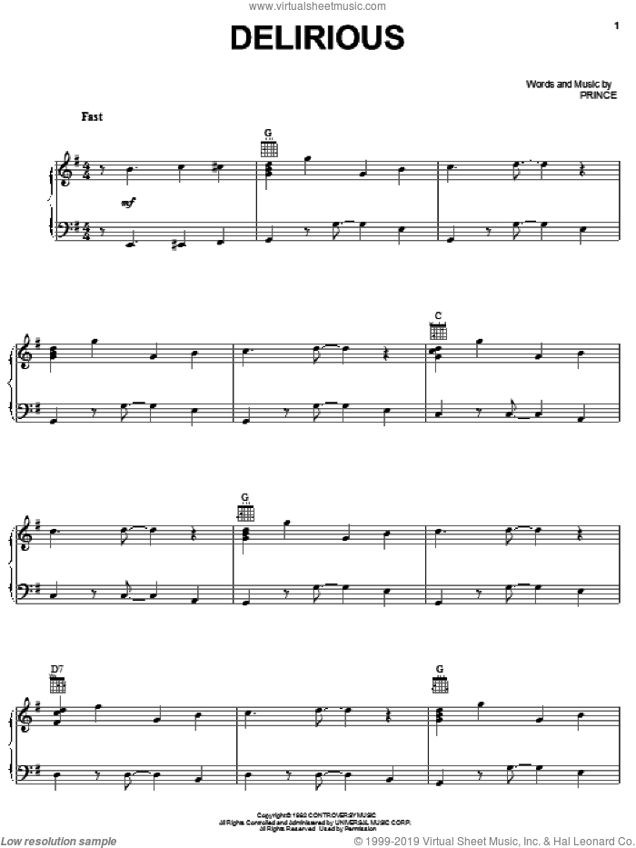 Delirious sheet music for voice, piano or guitar by Prince, intermediate skill level