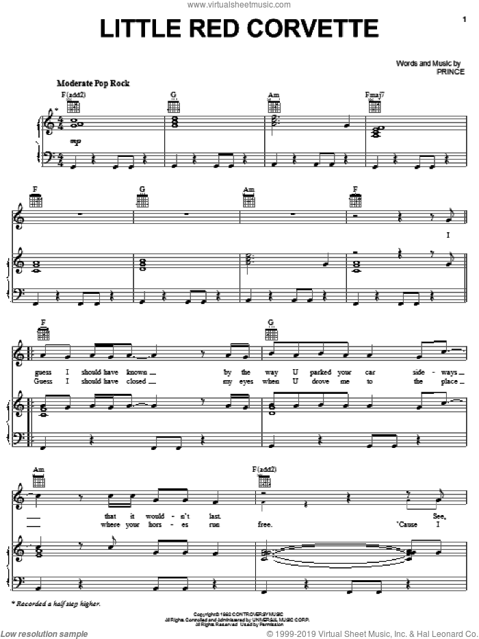 Little Red Corvette sheet music for voice, piano or guitar by Prince, intermediate skill level