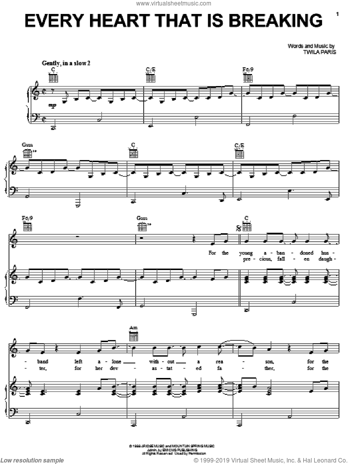 Every Heart That Is Breaking sheet music for voice, piano or guitar by Twila Paris, intermediate skill level