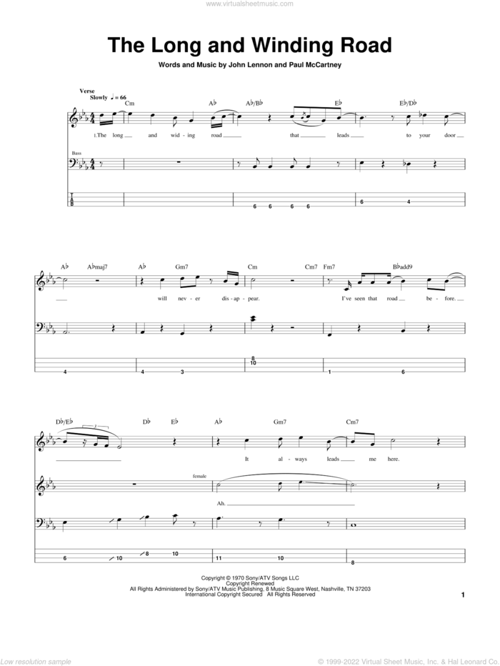 The Long And Winding Road sheet music for bass (tablature) (bass guitar) by The Beatles, John Lennon and Paul McCartney, intermediate skill level