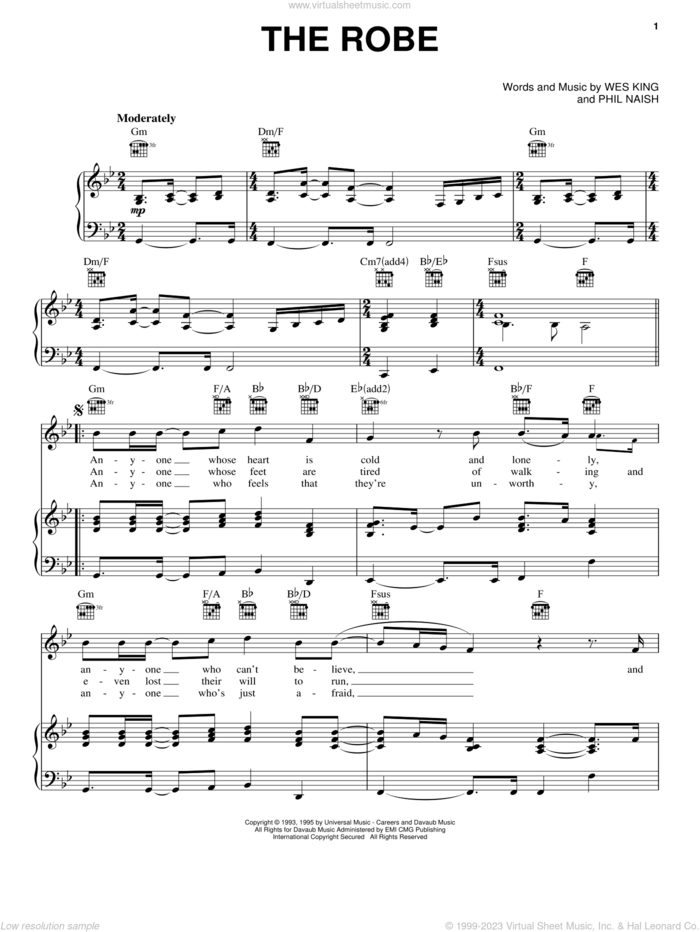 The Robe sheet music for voice, piano or guitar by Wes King and Phil Naish, intermediate skill level