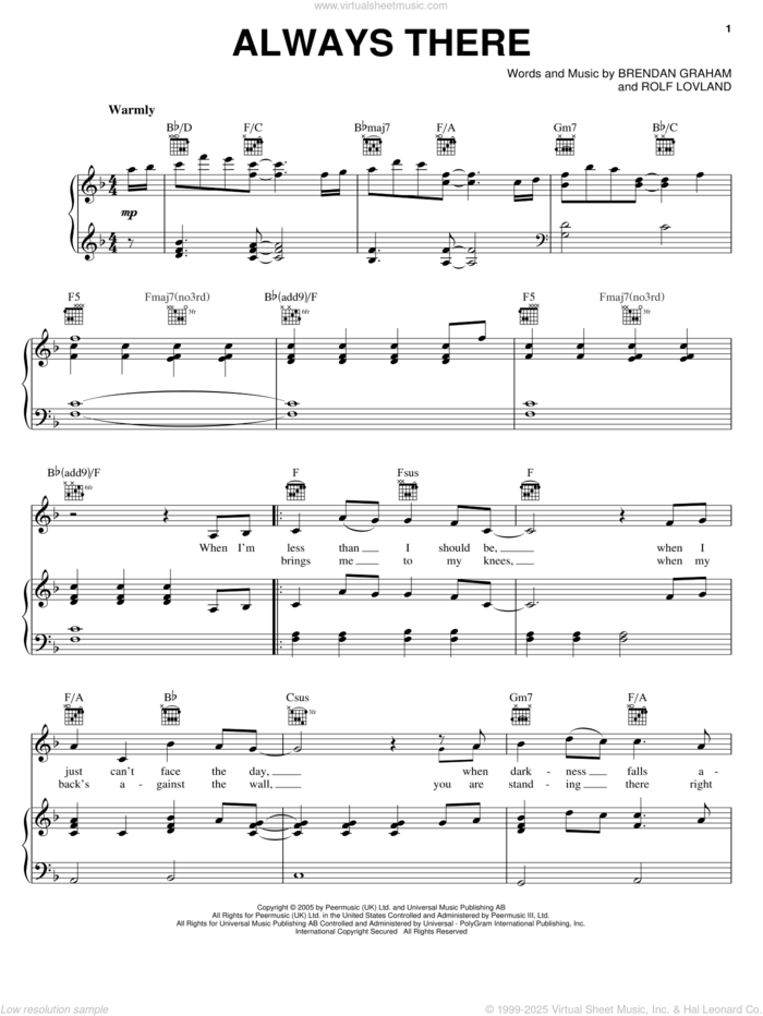 Always There sheet music for voice, piano or guitar by Secret Garden, Brendan Graham and Rolf Lovland, intermediate skill level