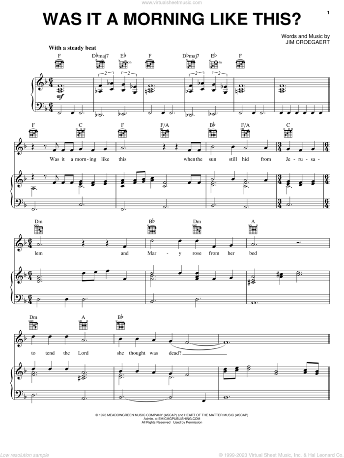 Was It A Morning Like This? sheet music for voice, piano or guitar by Sandi Patty and Jim Croegaert, intermediate skill level