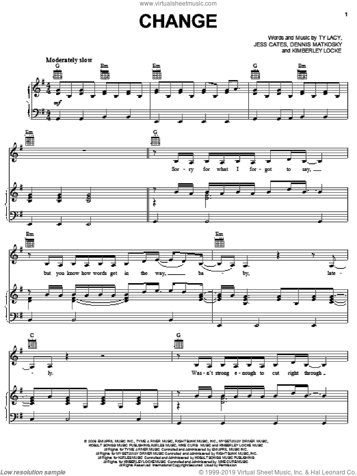 Change sheet music for voice, piano or guitar by Kimberley Locke, American Idol, Dennis Matkosky, Jess Cates and Ty Lacy, intermediate skill level