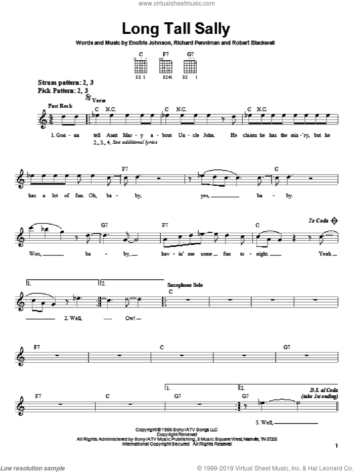 Long Tall Sally sheet music for guitar solo (chords) by Little Richard, Pat Boone, The Beatles, Enotris Johnson, Richard Penniman and Robert Blackwell, easy guitar (chords)