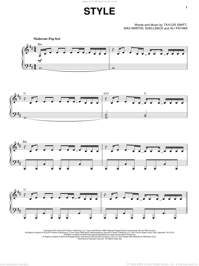 Style sheet music for voice and piano by Taylor Swift, Ali Payami, Johan Schuster, Max Martin and Shellback, intermediate skill level