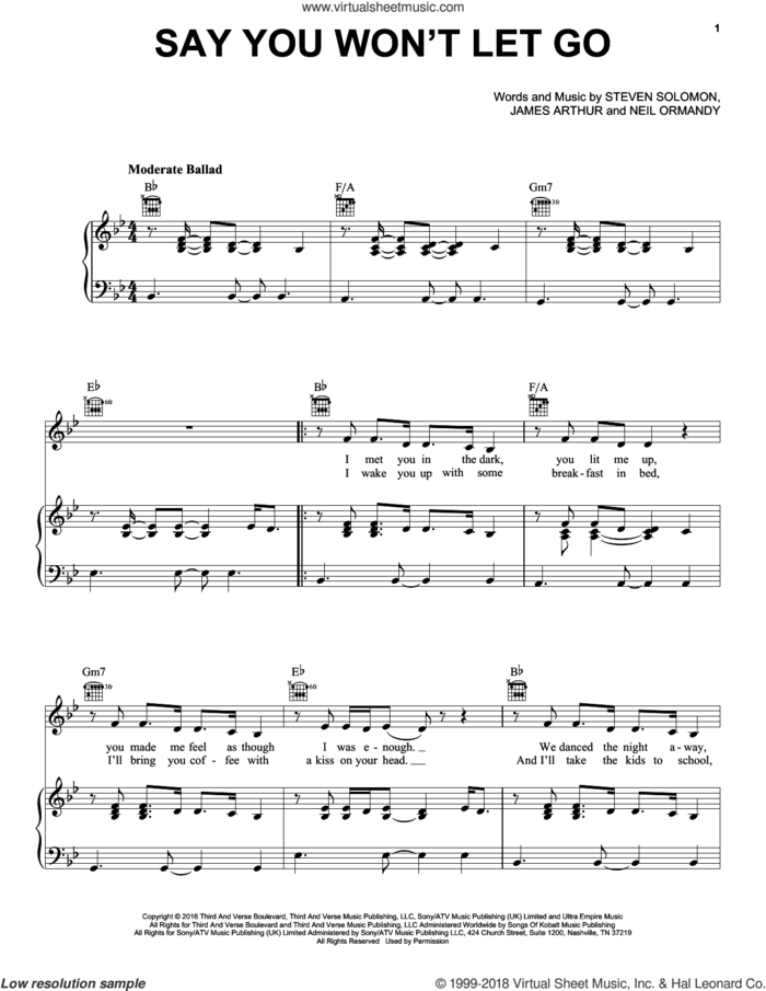 Say You Won't Let Go sheet music for voice, piano or guitar by James Arthur, Neil Ormandy and Steve Solomon, intermediate skill level