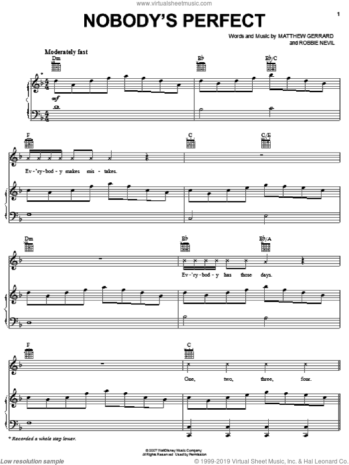 Nobody's Perfect sheet music for voice, piano or guitar by Hannah Montana, Miley Cyrus, Matthew Gerrard and Robbie Nevil, intermediate skill level