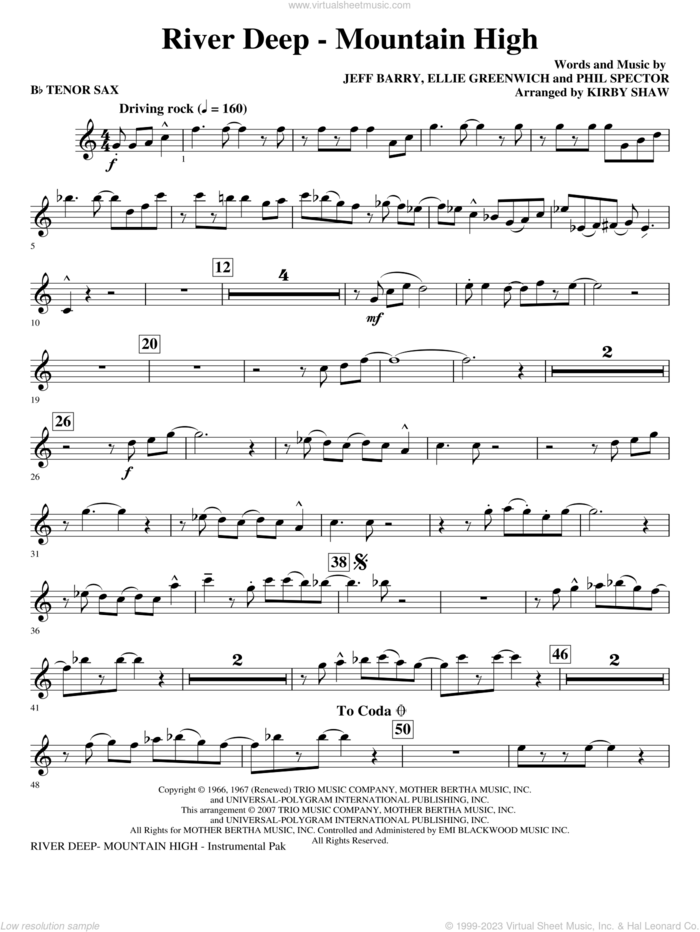 River Deep, mountain high (arr. kirby shaw) sheet music for orchestra/band (Bb tenor saxophone) by Kirby Shaw, Tina Turner, Ellie Greenwich, Jeff Barry and Phil Spector, intermediate skill level