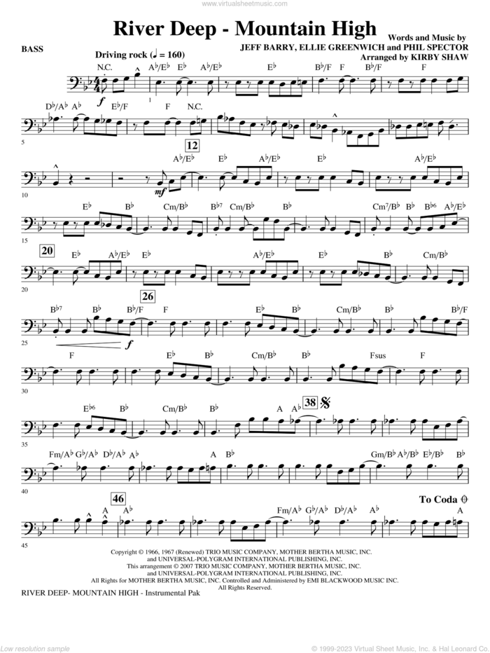 River Deep, mountain high (arr. kirby shaw) sheet music for orchestra/band (bass) by Kirby Shaw, Tina Turner, Ellie Greenwich, Jeff Barry and Phil Spector, intermediate skill level
