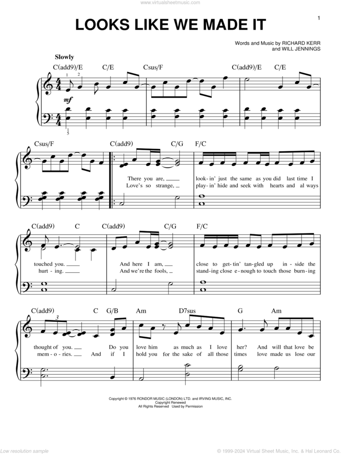 Looks Like We Made It sheet music for piano solo by Barry Manilow, Richard Kerr and Will Jennings, easy skill level