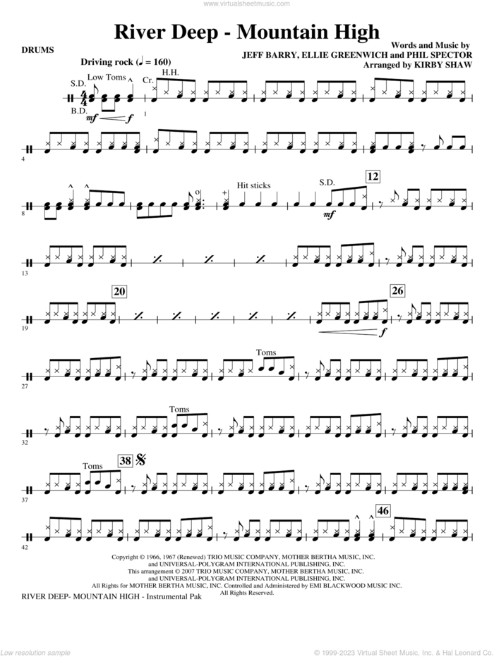 River Deep, mountain high (arr. kirby shaw) sheet music for orchestra/band (drums) by Kirby Shaw, Tina Turner, Ellie Greenwich, Jeff Barry and Phil Spector, intermediate skill level