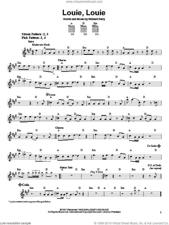 Louie, Louie sheet music for guitar solo (chords) by The Kingsmen and Richard Berry, easy guitar (chords)
