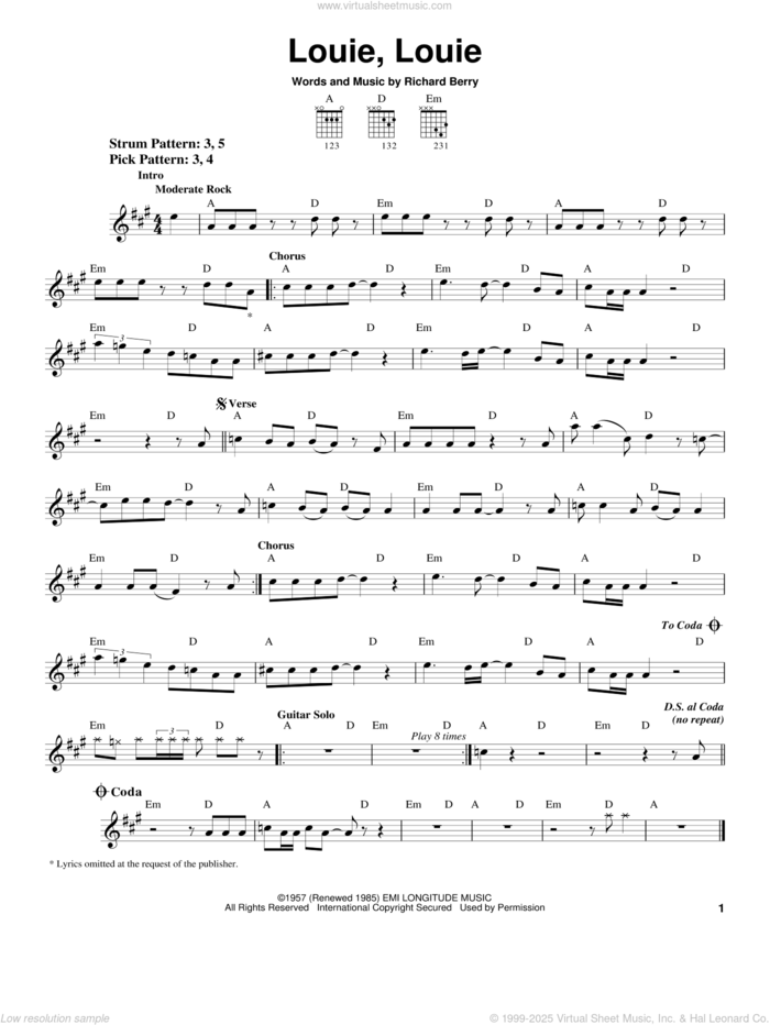 Louie, Louie sheet music for guitar solo (chords) by The Kingsmen and Richard Berry, easy guitar (chords)