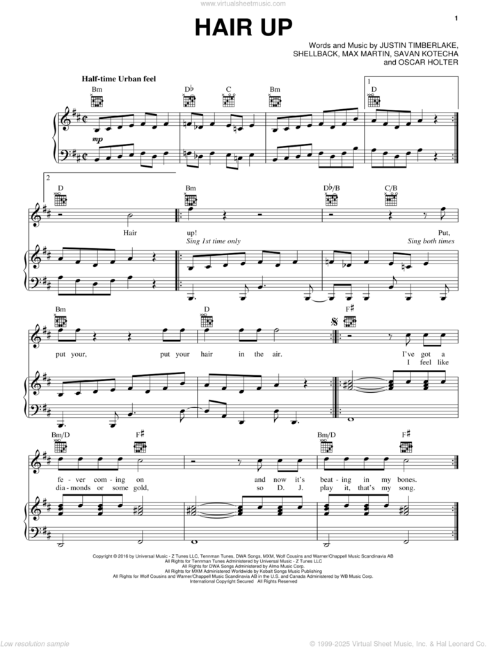 Hair Up sheet music for voice, piano or guitar by Justin Timberlake, Gwen Stefani and Ron Funches, Anna Kendrick, Justin Timberlake, Max Martin, Oscar Holter, Savan Kotecha and Shellback, intermediate skill level