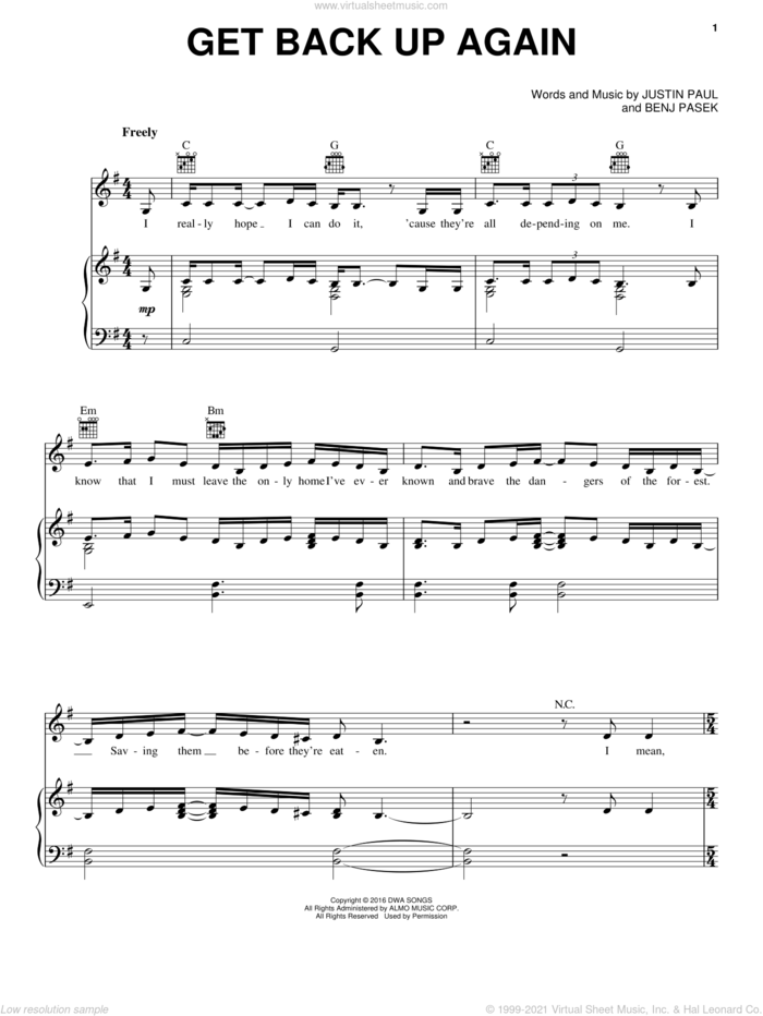 Get Back Up Again (from Trolls) sheet music for voice, piano or guitar by Anna Kendrick, Justin Timberlake, Benj Pasek and Justin Paul, intermediate skill level