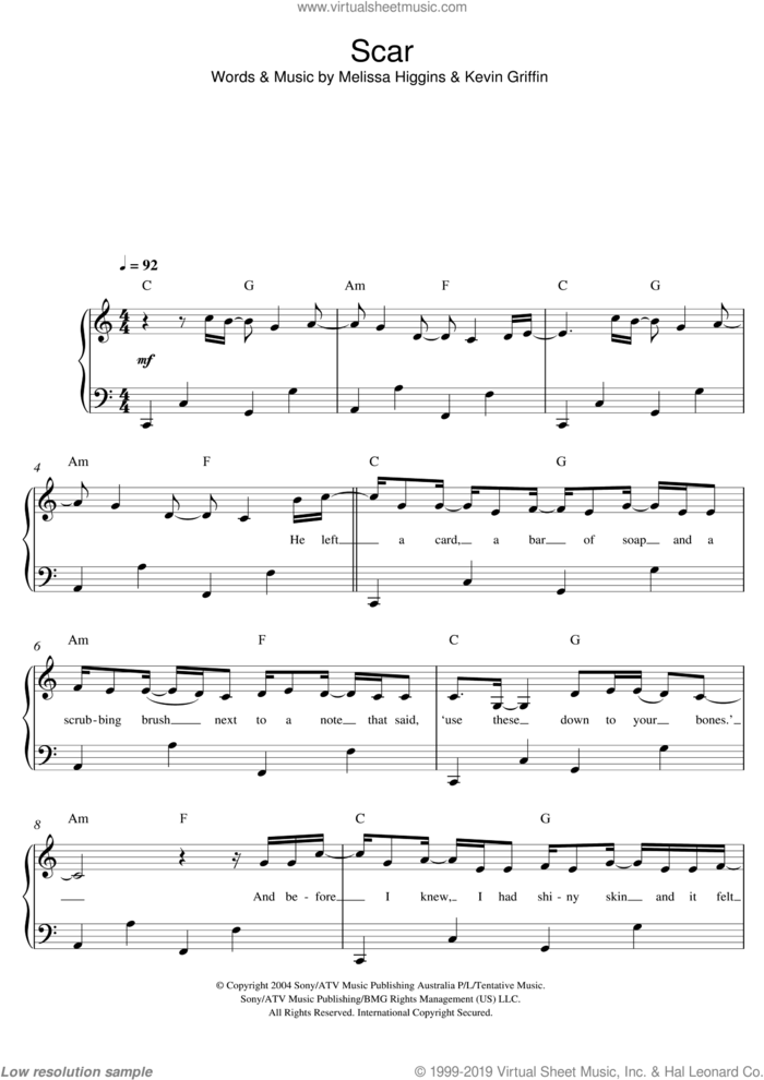 Scar sheet music for piano solo by Missy Higgins, easy skill level