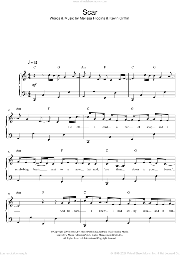 Scar sheet music for piano solo by Missy Higgins, easy skill level